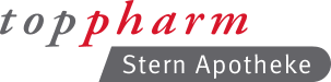 Logo mit "top pharm" in Kleinbuchstaben, wobei "top" in grauer und "pharm" in roter Kursivschrift geschrieben ist. Darunter befindet sich in einem grauen abgerundeten Rechteck der weiße Text "Stern Apotheke".