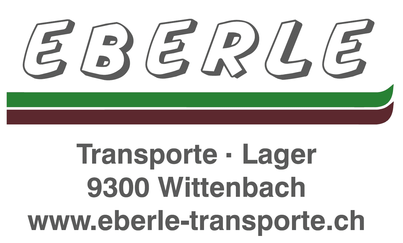Logo für Eberle Transporte-Lager. In großen, stilisierten Buchstaben steht "EBERLE" über grünen, roten und braunen Linien. Darunter: "Transporte - Lager 9300 Wittenbach www.eberle-transporte.ch" in grauer Schrift.