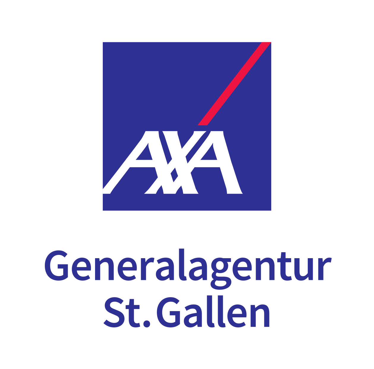AXA-Logo mit blauem Quadrat, weißem "AXA"-Schriftzug und einer roten diagonalen Linie darüber. Darunter steht der Text: "Generalagentur St. Gallen" in blauer Schrift auf weißem Grund.