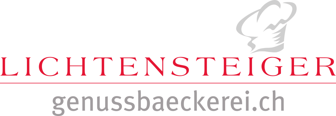 Logo mit dem Wort "LICHTENSTEIGER" in roten Grossbuchstaben, einer grauen Bäckermützengrafik und "genussbaeckerei.ch" in grauen Kleinbuchstaben unter einer roten Linie.