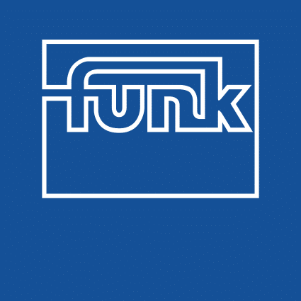 Weißer, stilisierter Text mit der Aufschrift "funk" in einer durchgehenden Linie, vor einem einfarbig blauen Hintergrund und in einem quadratischen weißen Rahmen.