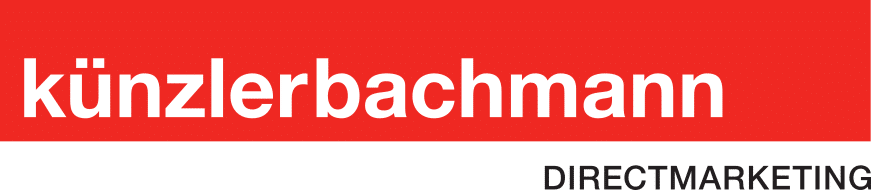 Logo mit rotem Hintergrund und fetter weißer Schrift "künzlerbachmann". Darunter, auf weißem Hintergrund, steht in Großbuchstaben "DIRECTMARKETING" in schwarzer Schrift.