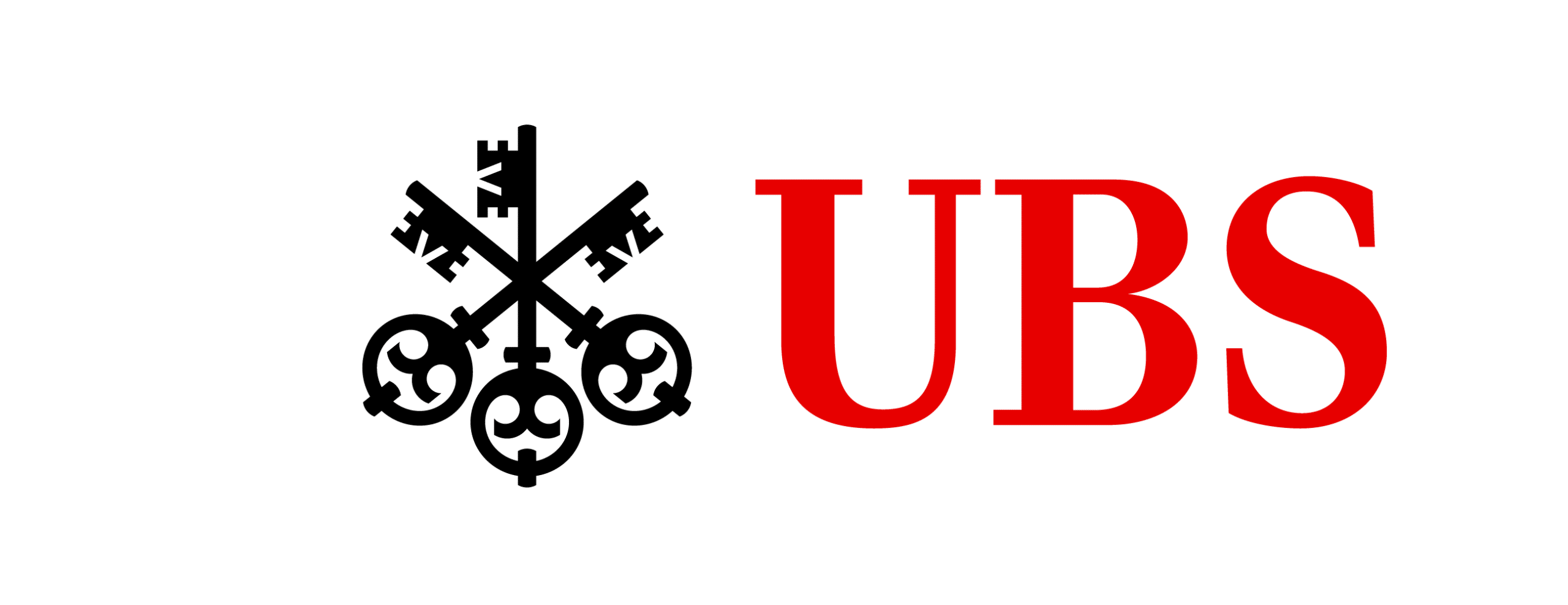 Das Bild zeigt das UBS-Logo mit drei schwarzen, kreisförmig gekreuzten Tasten auf der linken Seite und dem fetten roten Schriftzug "UBS" auf der rechten Seite, alles vor einem weissen Hintergrund.