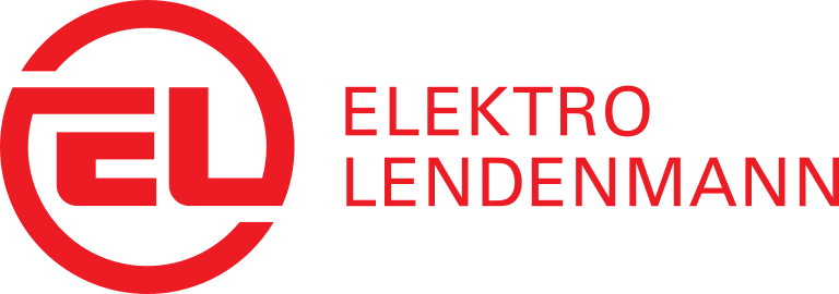 Logo für Elektro Lendenmann mit stilisierten roten Buchstaben "EL" in einem Kreis auf der linken Seite und dem Firmennamen "ELEKTRO LENDENMANN" in roten Großbuchstaben auf der rechten Seite, auf hellgrauem Hintergrund.