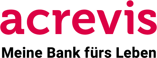 Logo mit dem Wort "acrevis" in fetten rosa Buchstaben über dem Slogan "Meine Bank fürs Leben" in Schwarz auf hellem Hintergrund.