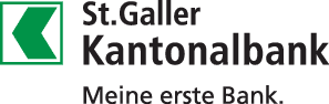 Logo der St. Galler Kantonalbank mit einem grünen, geometrischen Symbol auf der linken Seite und dem Text "St. Galler Kantonalbank" über dem Slogan "Meine erste Bank" auf der rechten Seite.