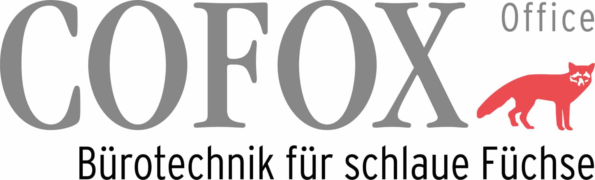 Logo mit großem grauen Text "COFOX" und kleinerem Text "Office" oben rechts. Darunter steht "Bürotechnik für schlaue Füchse". Rechts neben dem Text steht eine rote Fuchsgrafik.