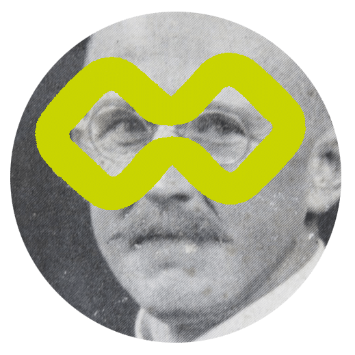 Ein Schwarz-Weiß-Porträt eines älteren Mannes mit Brille und Schnurrbart, überlagert von einer leuchtend gelben, abstrakten, unendlichen Grafik, die seine Augen und Nase bedeckt.