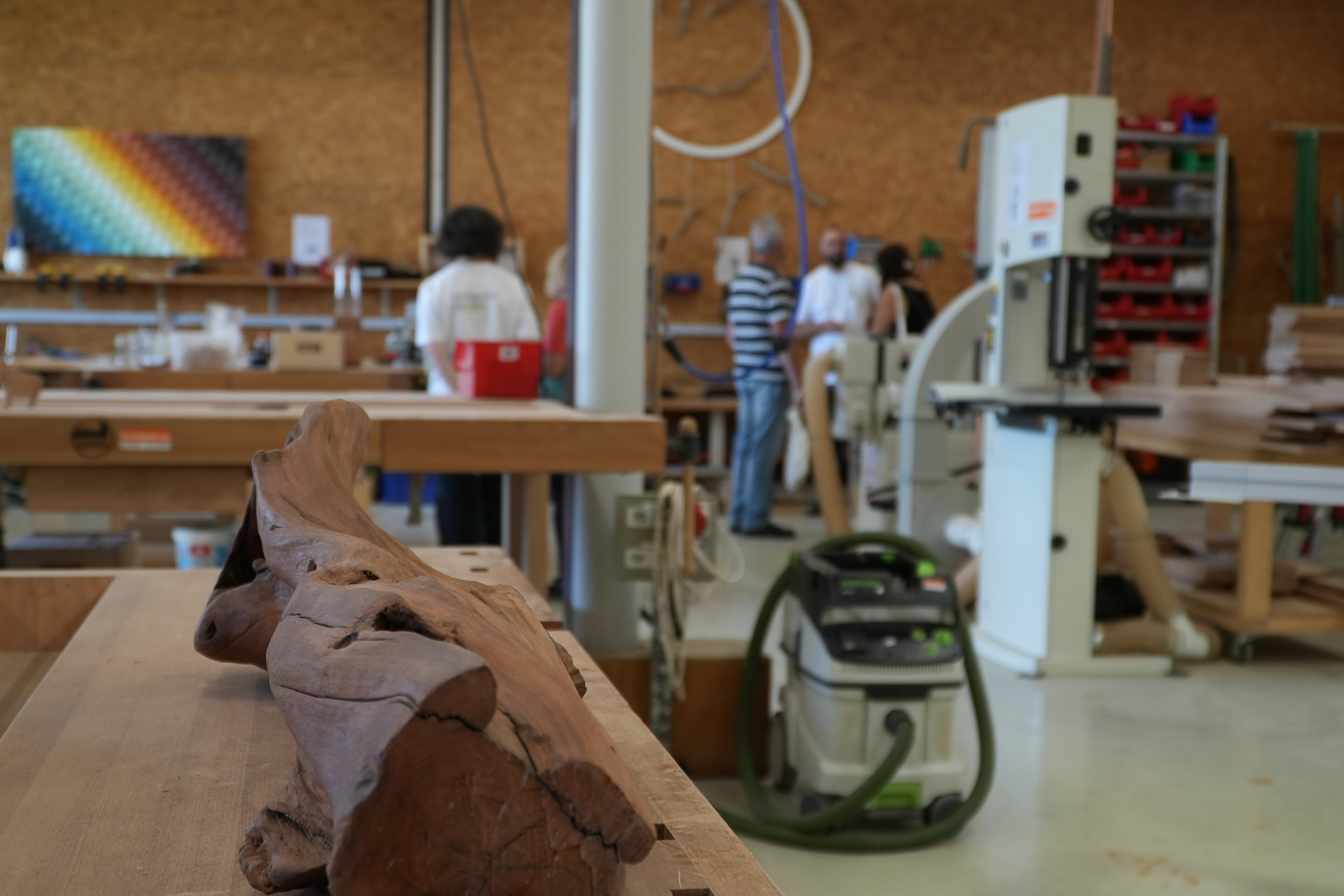 Eine Tischlerei, in der im Vordergrund ein großes Stück Holz auf einem Tisch liegt. Im Hintergrund arbeiten mehrere Personen mit Werkzeugen und Maschinen. Der Raum ist mit Regalen und Geräten ausgestattet.