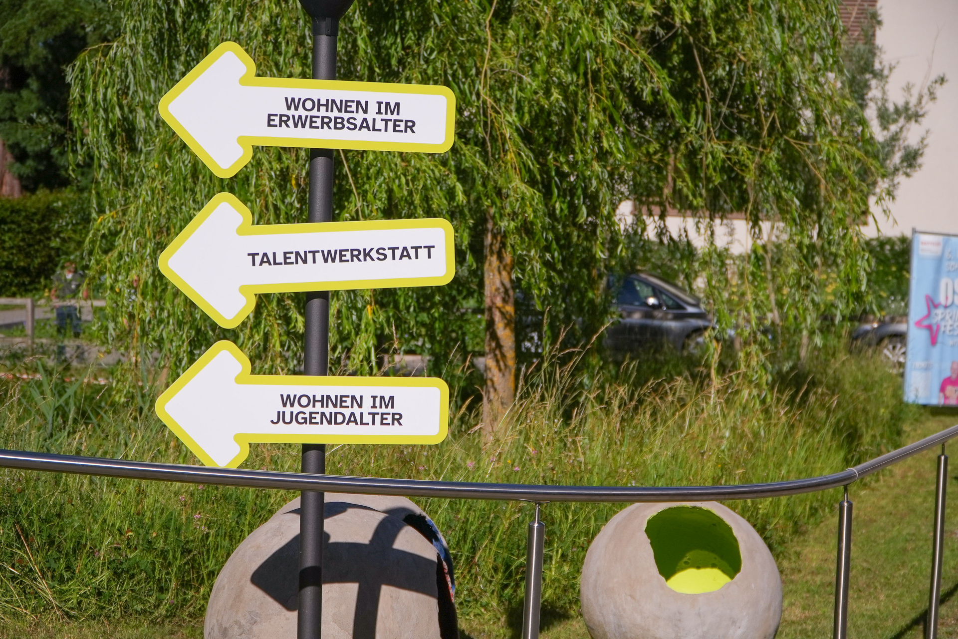 Drei gelbe Pfeilschilder in deutscher Sprache an einem Pfosten zeigen nach links und tragen die Aufschriften „Wohnen im Erwerbsalter“, „Talentwerkstatt“ und „Wohnen im Jugendalter“. Im Hintergrund sind grünes Gras und Bäume zu sehen.