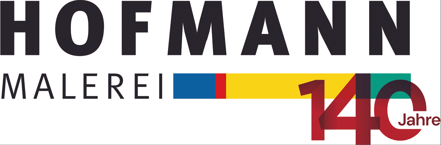 Logo mit dem Text "HOFMANN MALEREI" über einem Balken in Blau, Gelb, Rot und Grün. Eine große rote "140" überlagert den Balken, mit "Jahre" in kleineren roten Buchstaben innerhalb der Null.